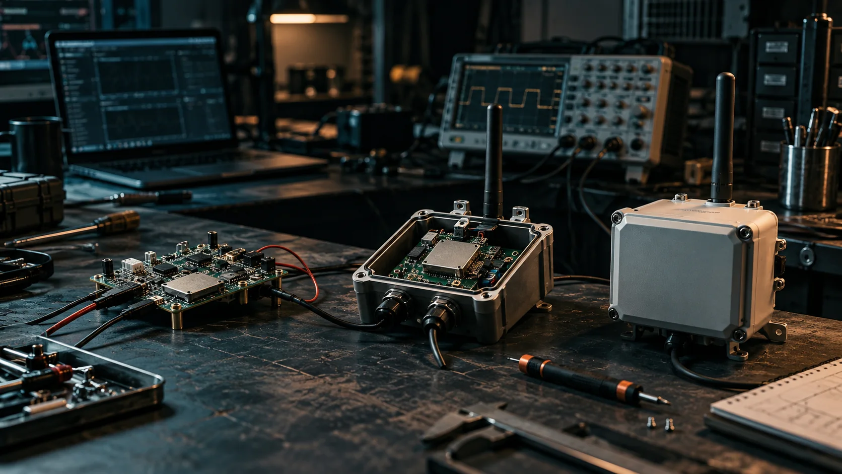 Prototype board, instrumented pilot enclosure, and finished connected field device on an engineering test bench